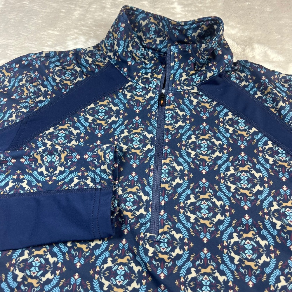 Kerrits Women's Medium Quarter Zip Base Layer Top Blue Horse Print Equestrian